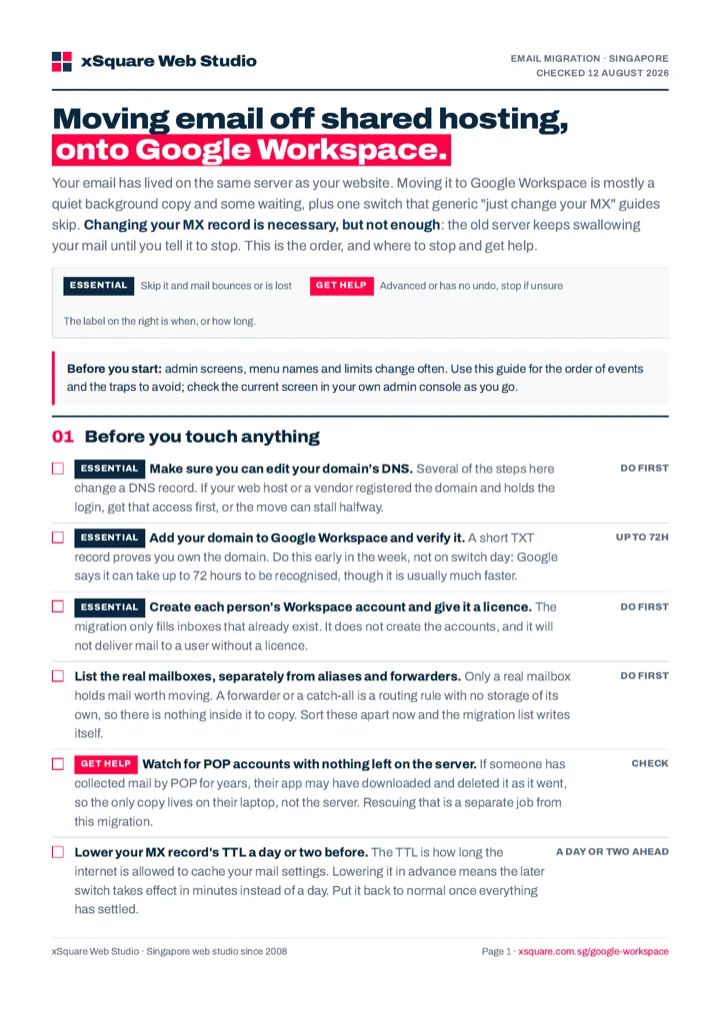 First page of the shared hosting to Google Workspace email migration guide