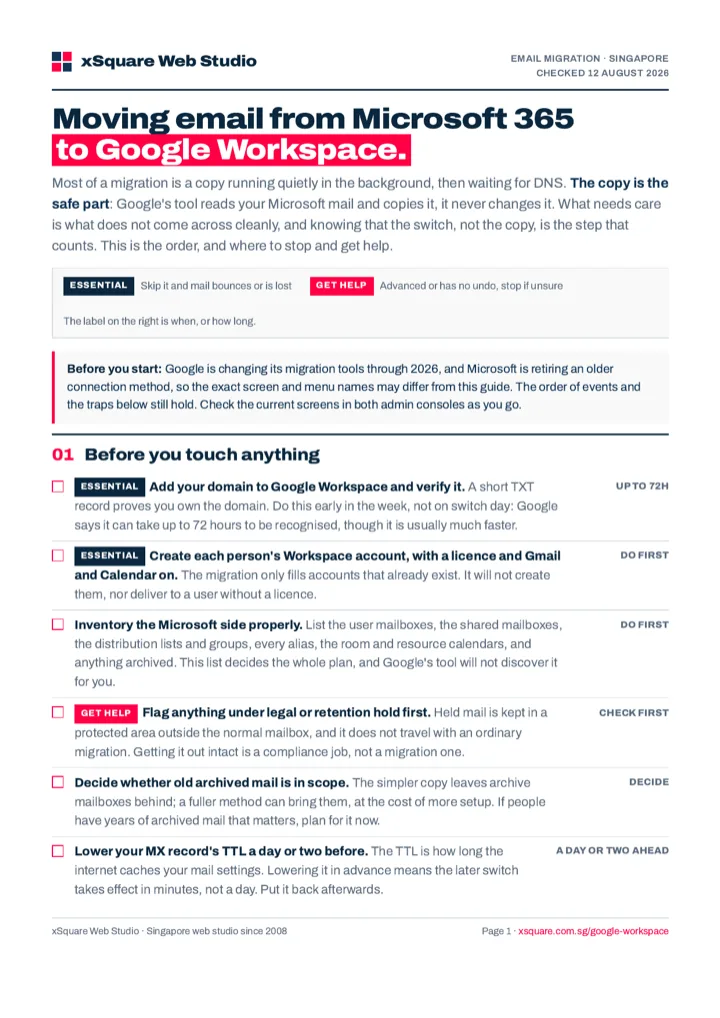 First page of the Microsoft 365 to Google Workspace email migration guide