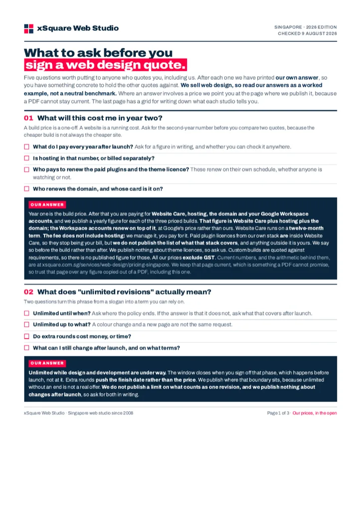 First page of the web design quote checklist