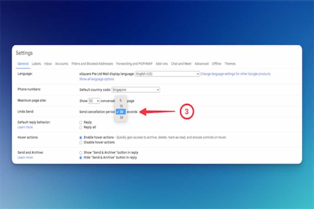 Changing the Gmail email sent cancellation period step 3