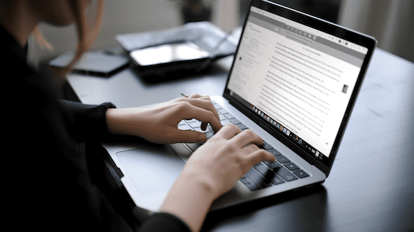 A blogger typing away on a laptop