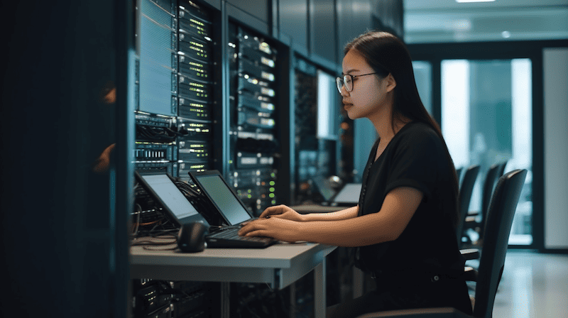 An IT lady personnel working on her laptop