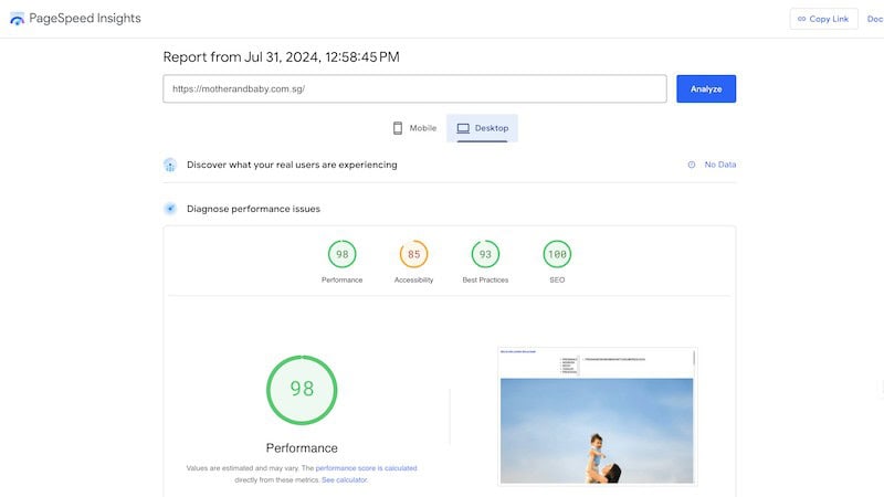 PageSpeed Insights desktop score for motherandbaby.com.sg