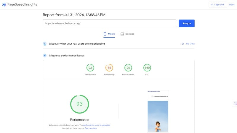 PageSpeed Insights mobile score for motherandbaby.com.sg