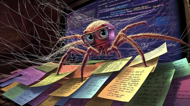 A spider wearing tiny glasses linking paper notes with information