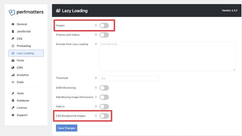 Perfmatters Lazy Loading of Images settings