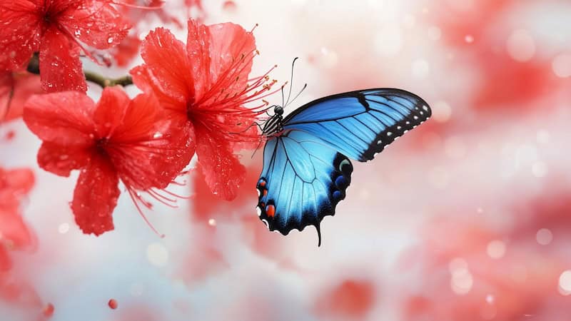 Blue butterfly perched on vibrant red hibiscus flower