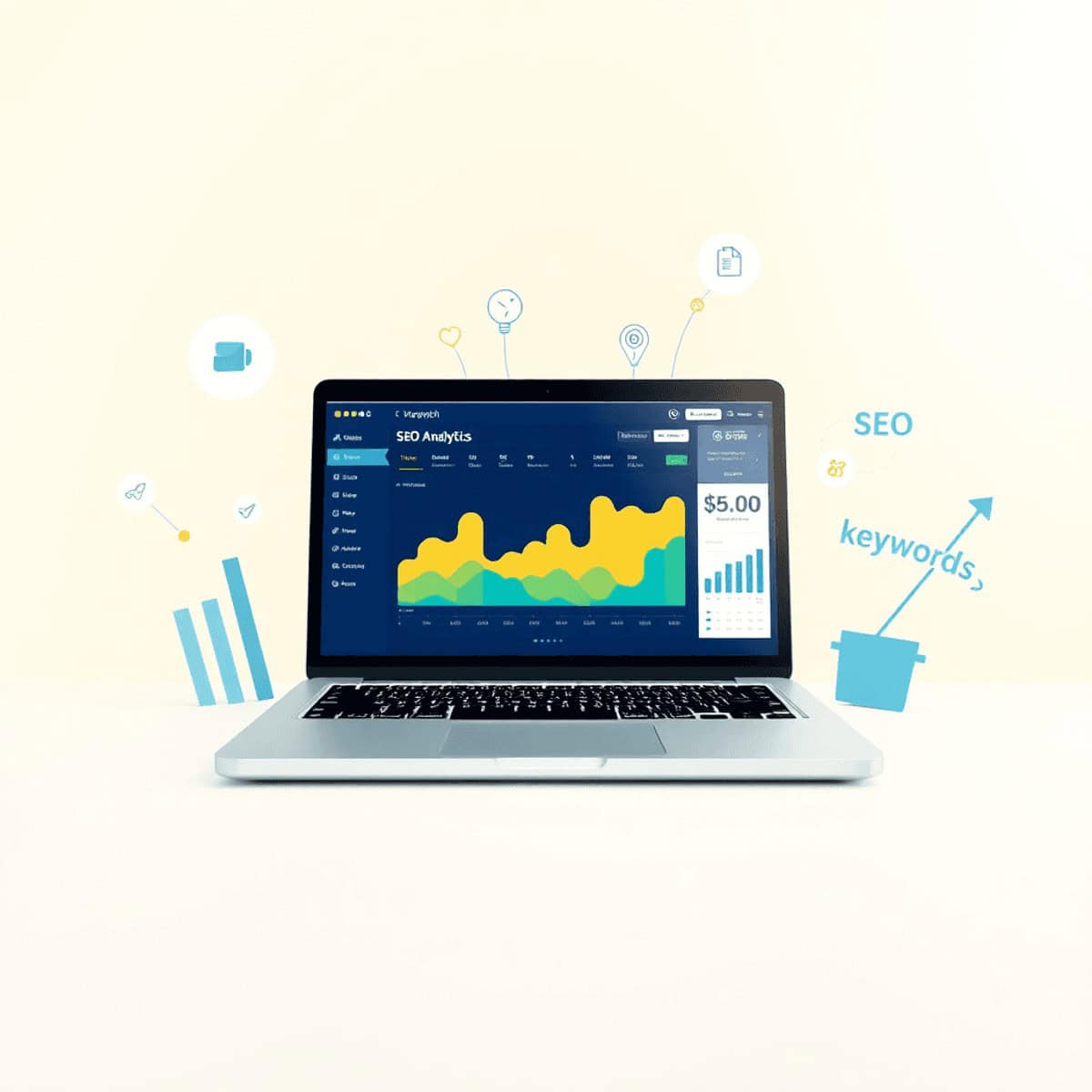 A laptop showing a colorful website analytics dashboard, surrounded by charts, graphs, and keywords on a bright background, symbolizing growth in digital marketing.