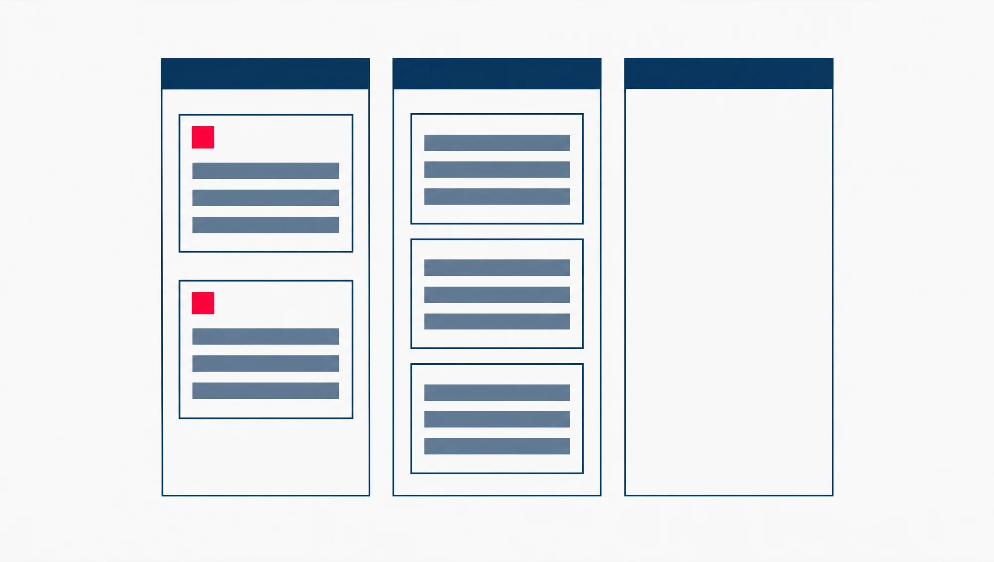 A flat diagram of Google Search Central's documentation sorted into three columns, two holding document cards and the third left empty.
