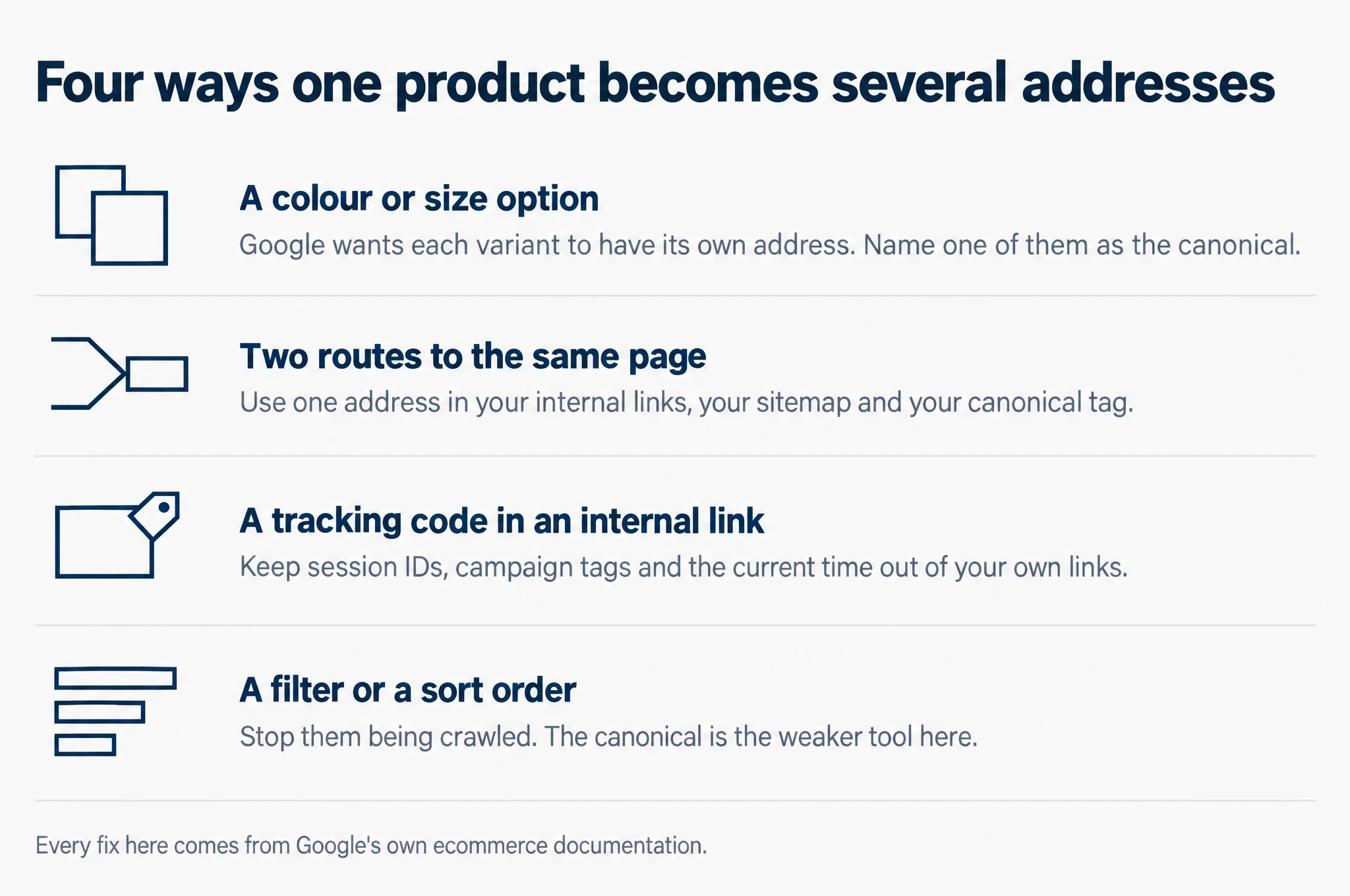 Four rows naming the four ways one product ends up at several web addresses, a colour or size option, two routes to the same page, a tracking code in an internal link, and a filter or sort order, each with the fix beside it.