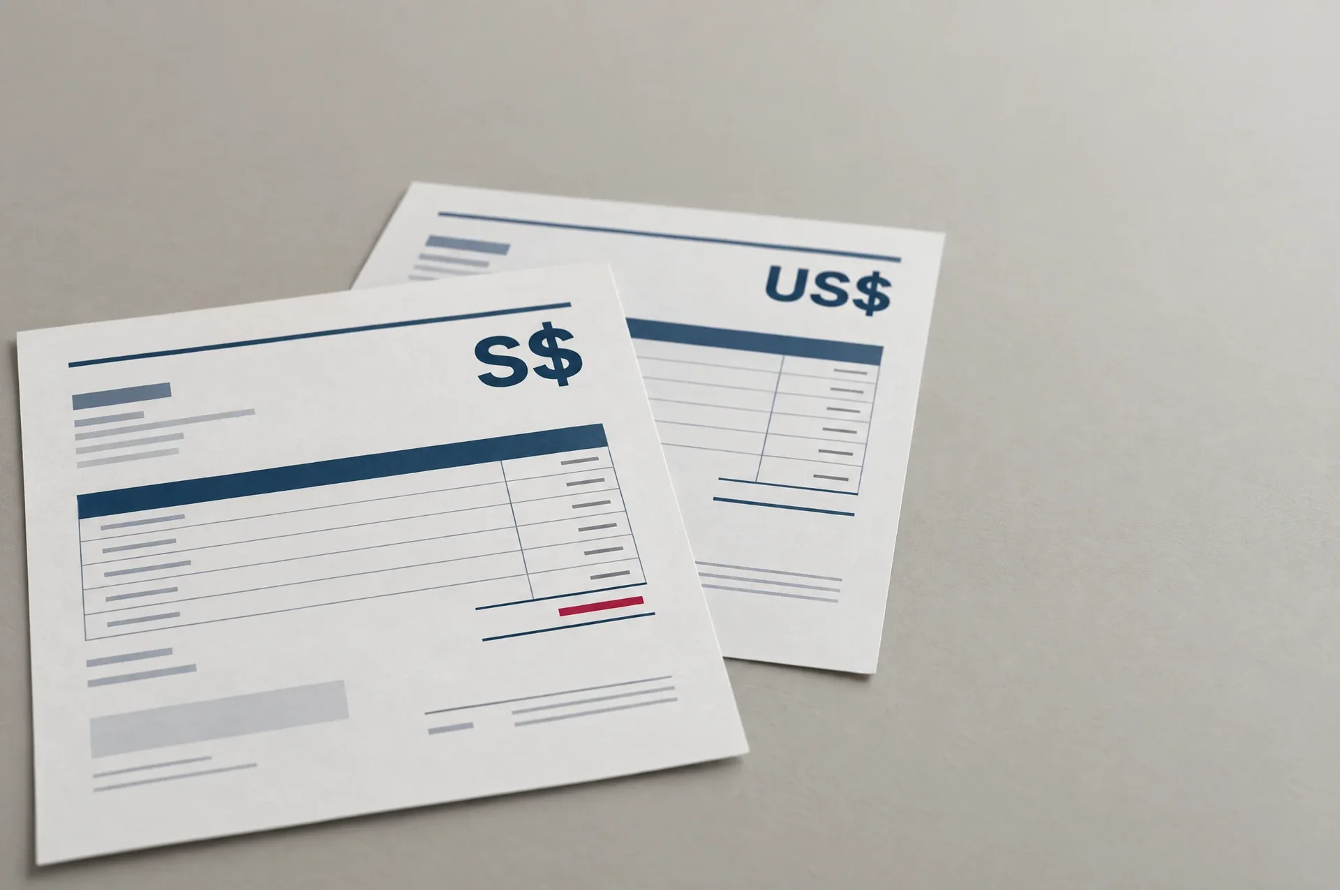 Two invoices side by side on a desk, one priced in Singapore dollars and the other in US dollars, the same decision billed two different ways.