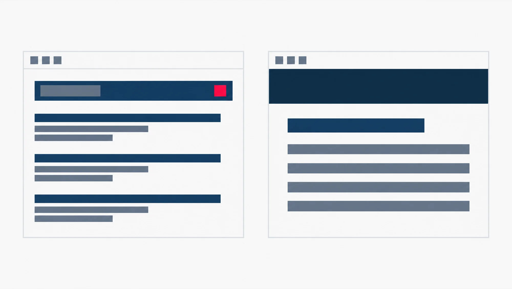 Two flat browser frames side by side with a gap between them, a Google results page on the left with the search box marked in red and a website page on the right, showing that the search and the visit happen on separate screens.