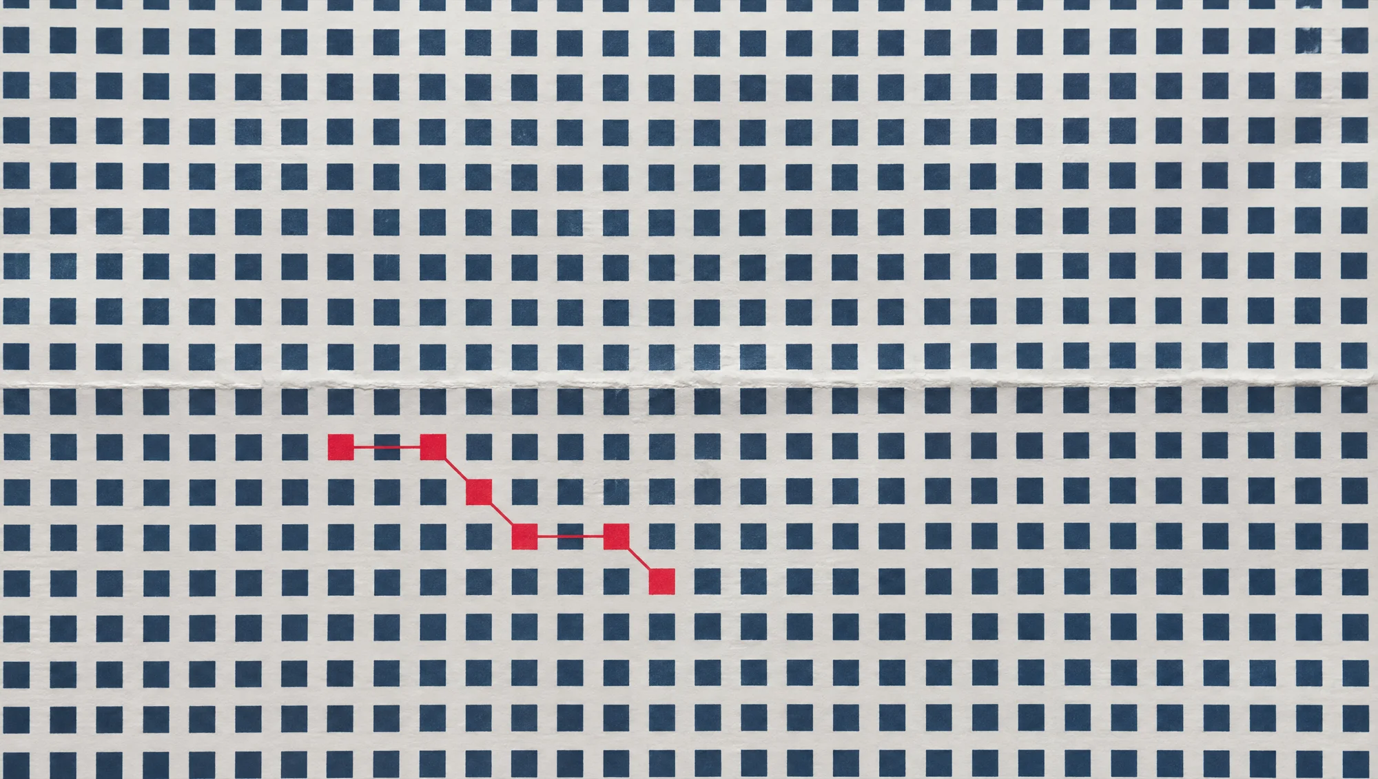 A printed grid of small navy squares with six of them picked out in red and joined by a ruled line, standing for the handful of phrases worth keeping out of everything a business has already written.