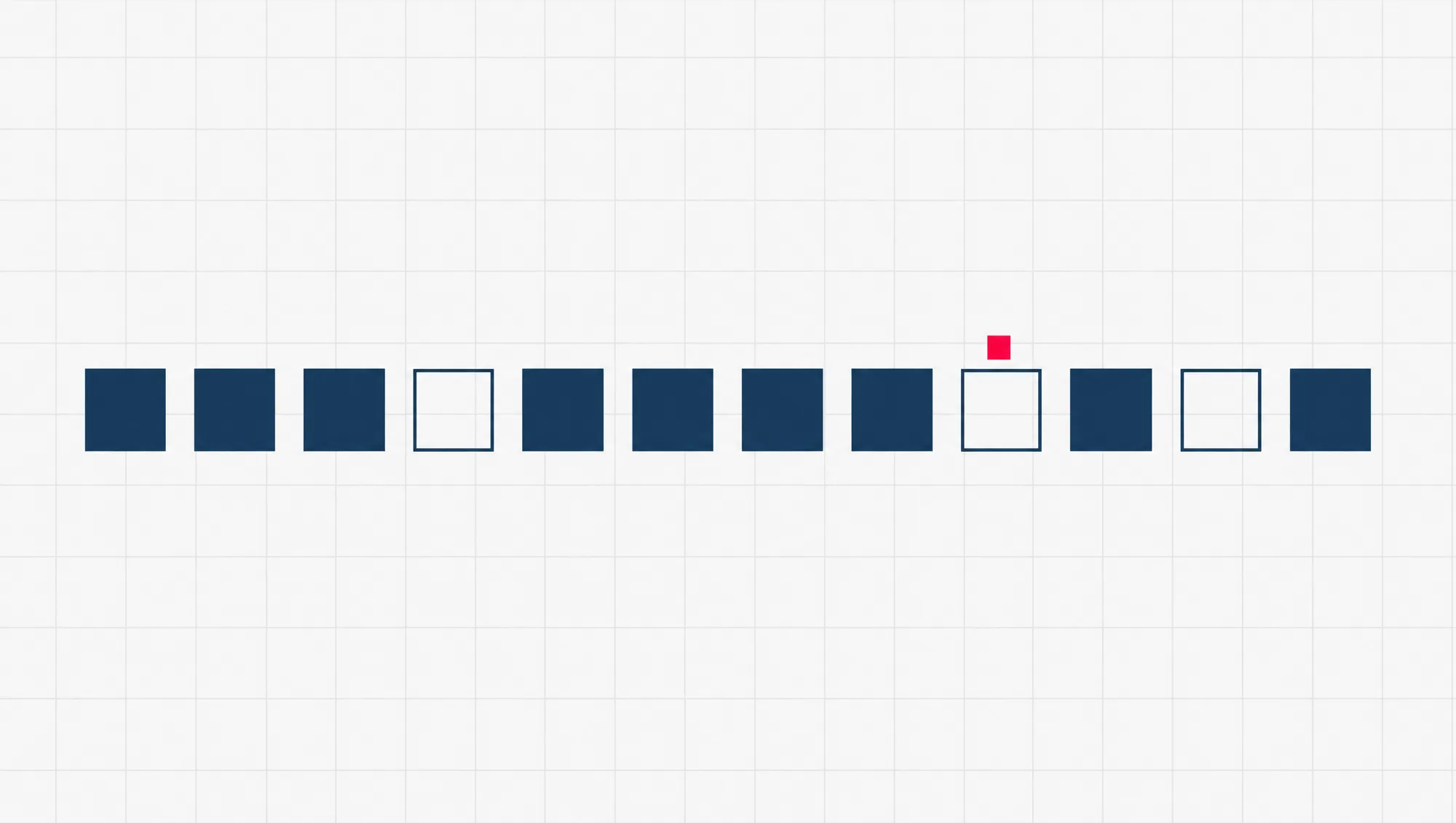 Twelve square seats in a row, nine filled in navy and three left empty, with a small red square marking one of the empty ones.