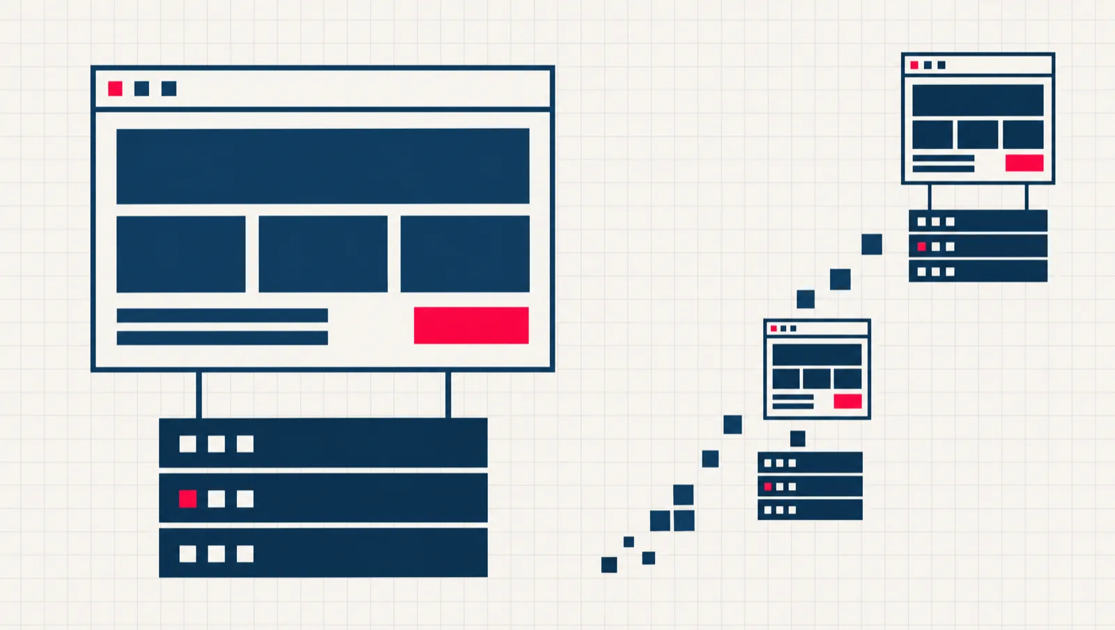 A small business website built from navy blocks standing on a stack of three hosting servers, with two smaller sites scaling up beside it.