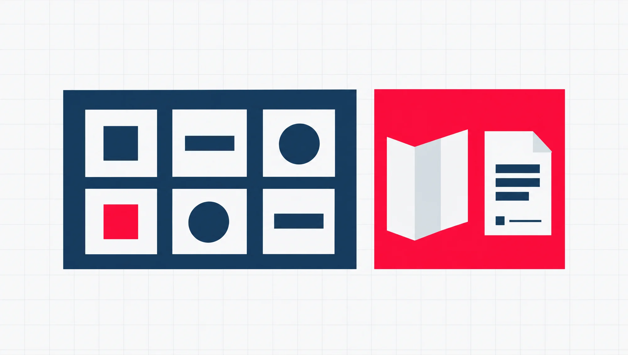 Two flat blocks side by side, a wide navy block holding a small grid of social post squares and a narrower red block holding a folded brochure and a PDF page, the two kinds of work a small team splits between Canva and Adobe.
