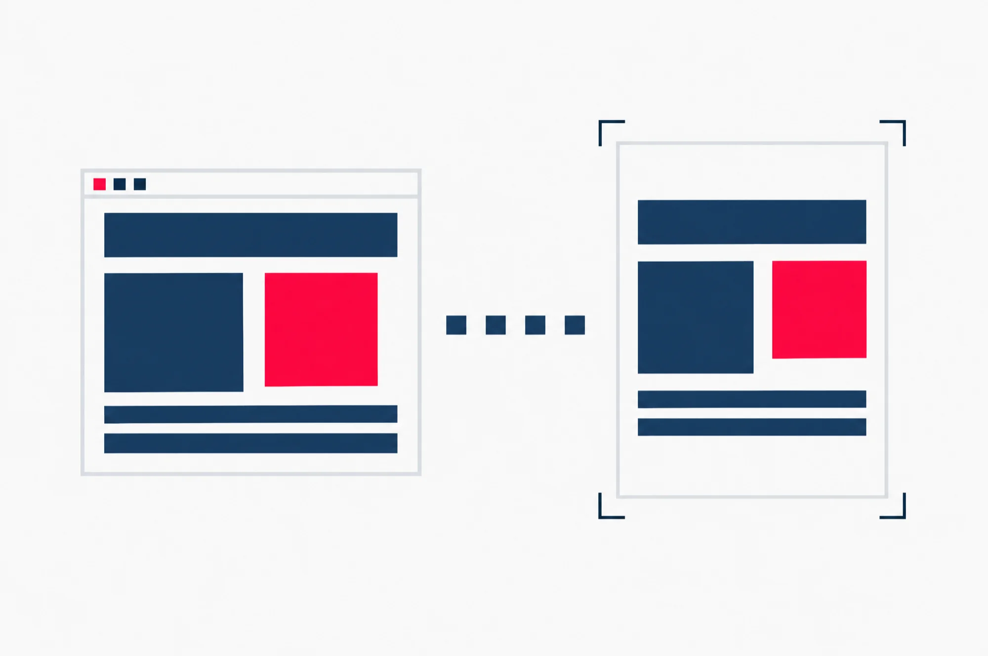 The same simple design shown on a screen and on a printed sheet with crop marks at its corners, the move from screen colours to a file a printer can use.
