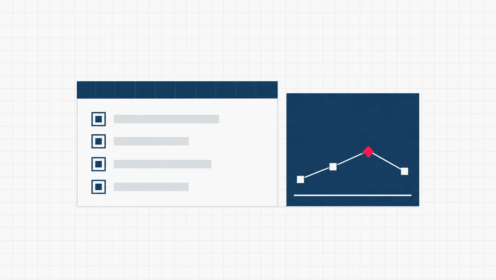 Two flat panels side by side: a ticked checklist of ordinary page basics, and one small report panel with a single red marker on it.