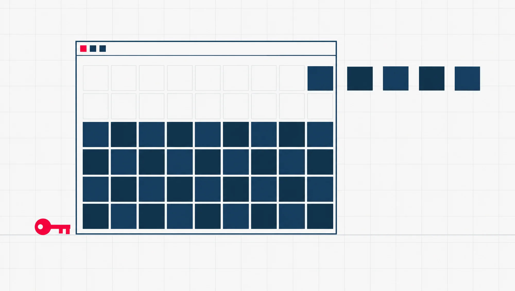A website window built from square modules on a pale grid, its lower rows already solid and its top rows still sliding into place, with a small red key resting beside its corner.