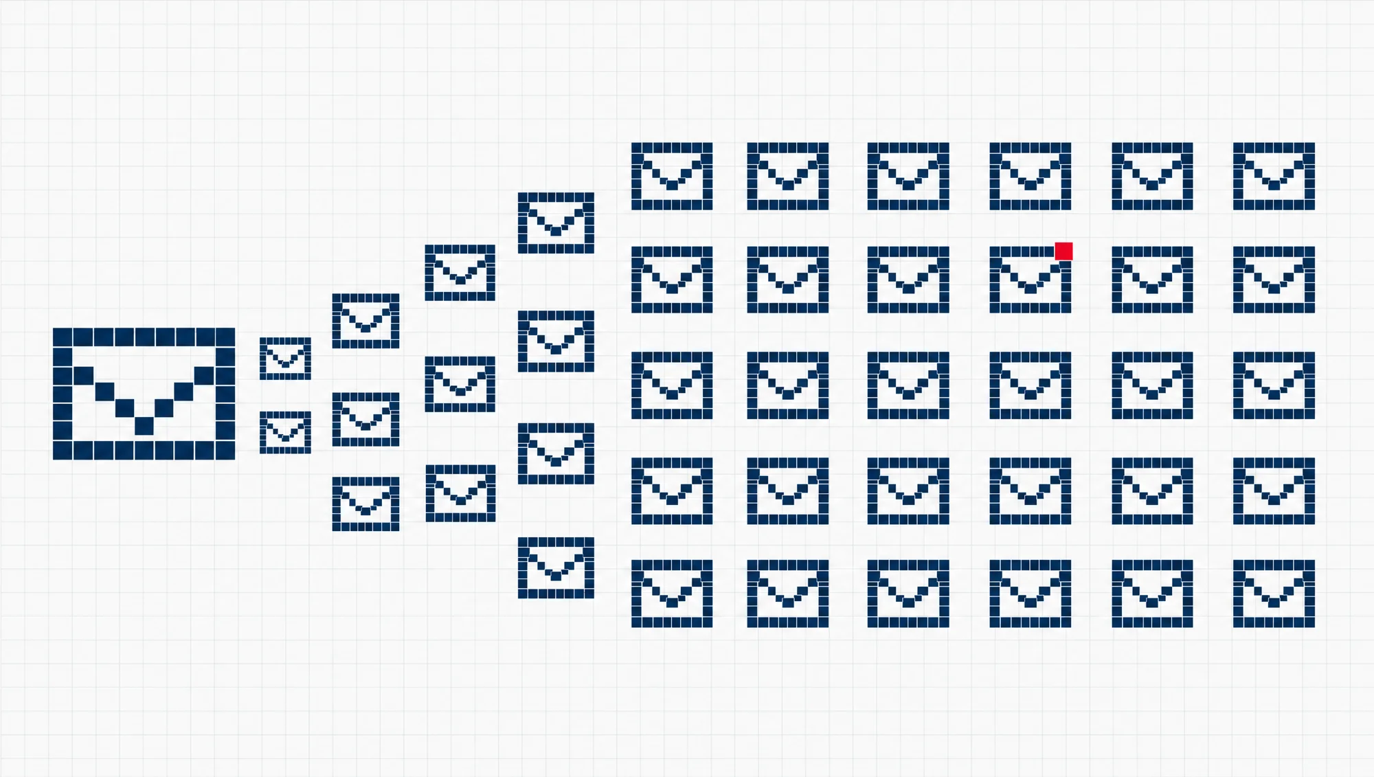 One navy envelope shape, built from square modules, fanning out into a grid of many identical copies on an alabaster field, with a single red square marking the one being chosen.