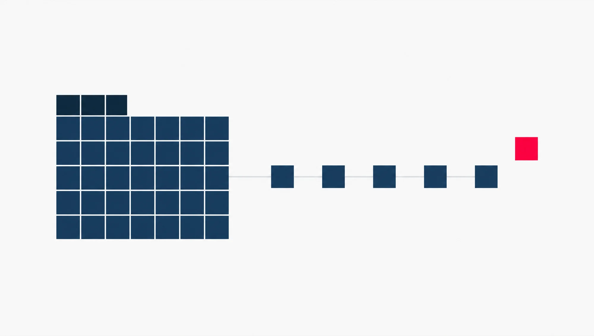 A navy folder built from square blocks, with five small navy squares lined up beside it for the people who can open it, and one red square sitting off the line.
