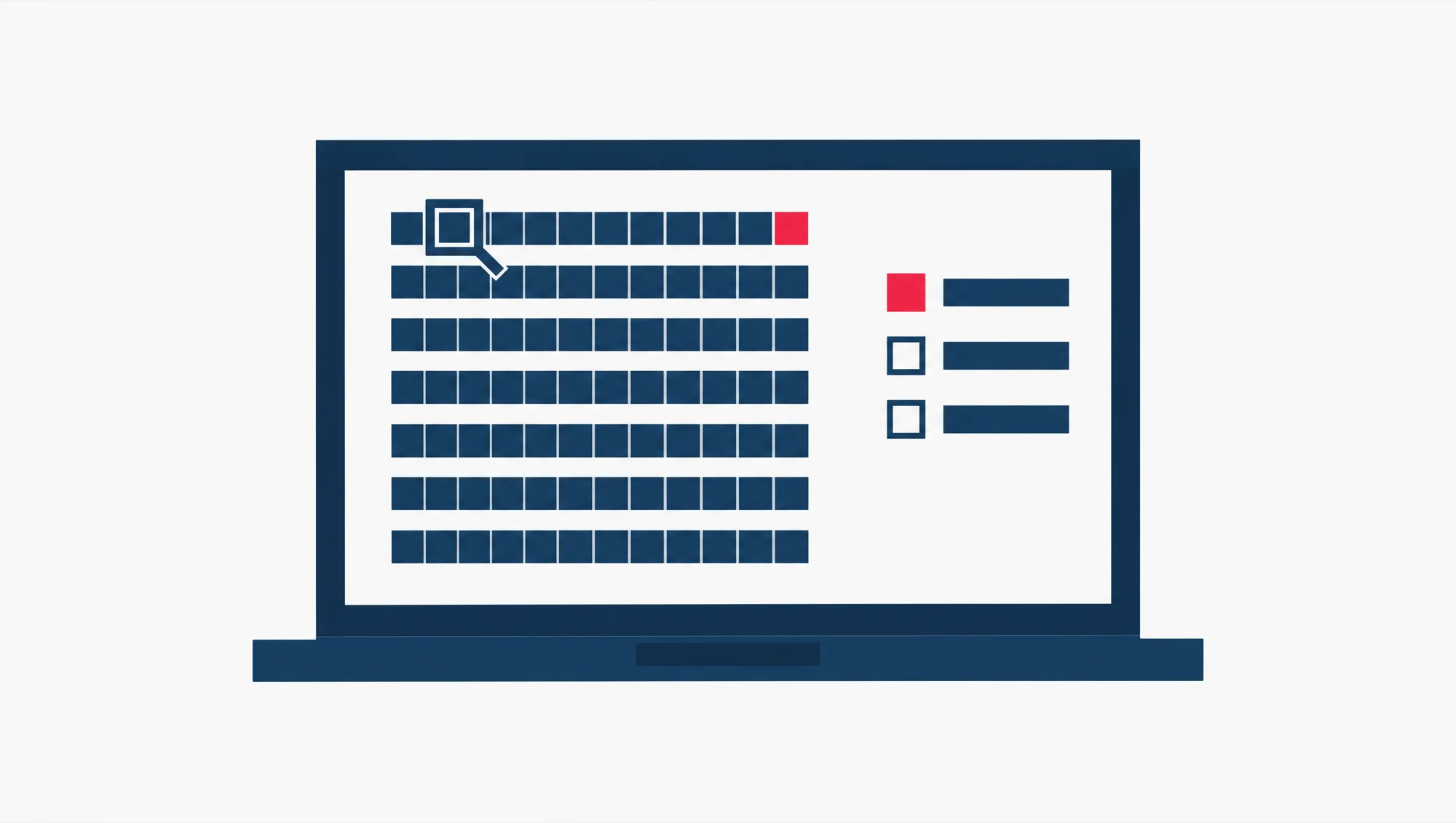 A flat drawing of a laptop showing a list of update rows, a magnifier on the top row that is still open, and three check boxes with the first one filled in, for the three checks in this guide.