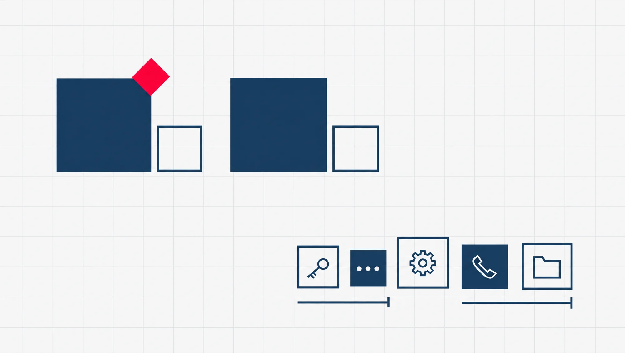 Two larger square blocks side by side, each paired with a smaller everyday block, and a short row of small blocks below, a few of them carrying a thin bar that stops at an end point.