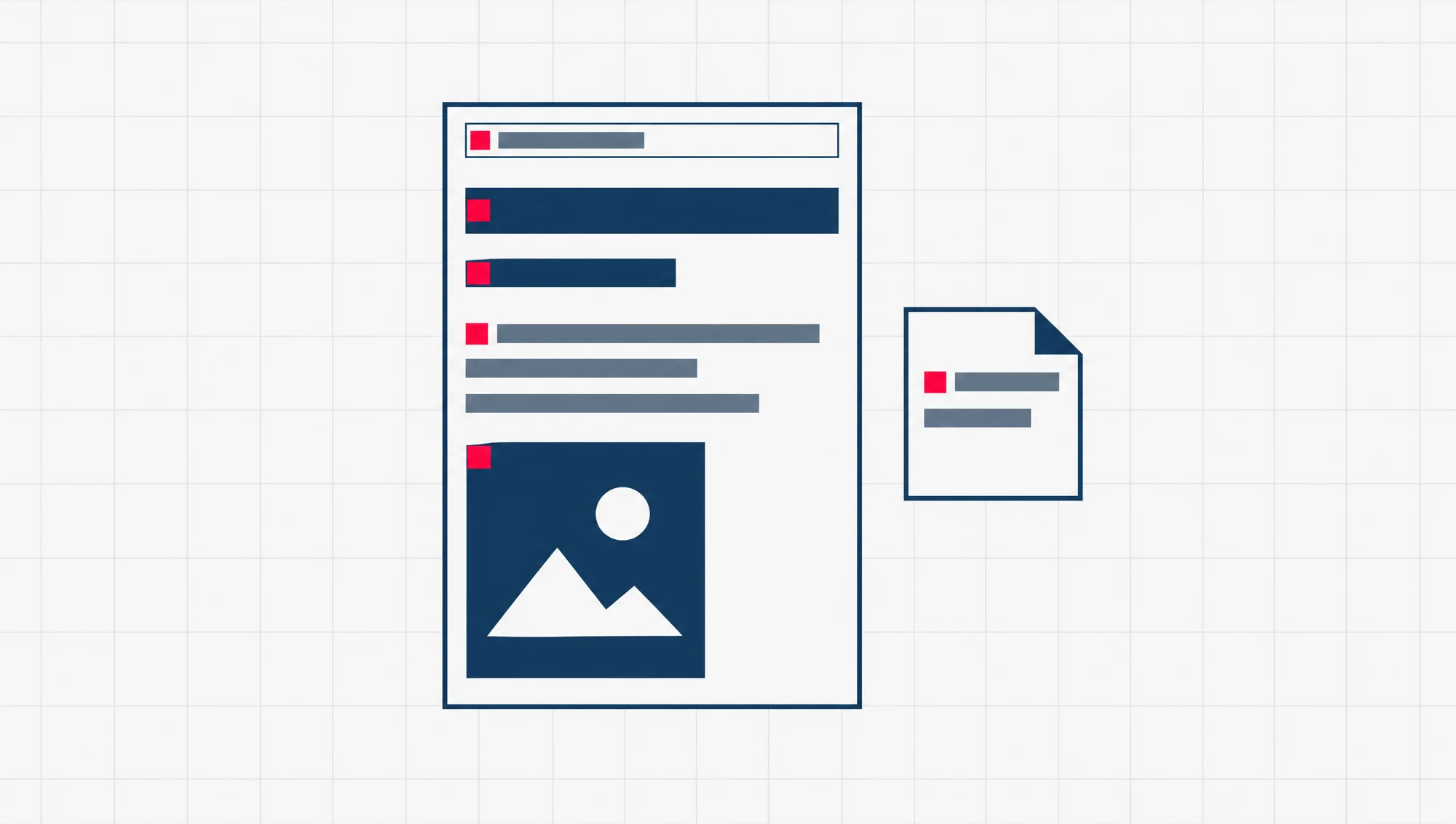 A blog post drawn as a simple page, with six small red markers on the title, one heading, the web address, the first paragraph, the meta description and one picture.