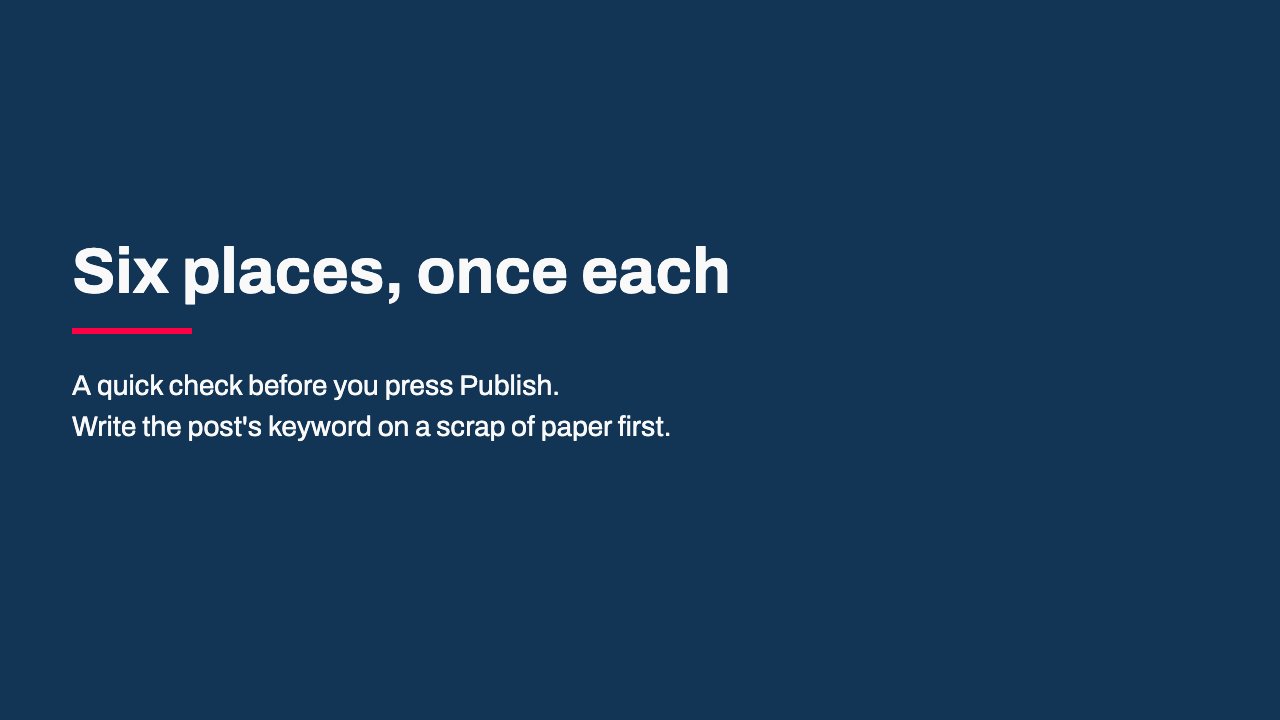 First slide: Six places, once each. A quick check before you press Publish.