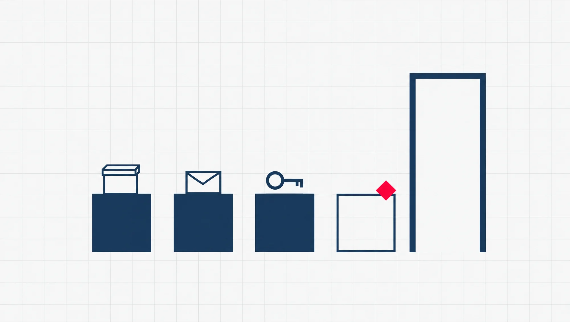 Four flat square blocks in a row leading to an open doorway, the first three carrying a small box, an envelope and a key, so everything is packed before the last block.