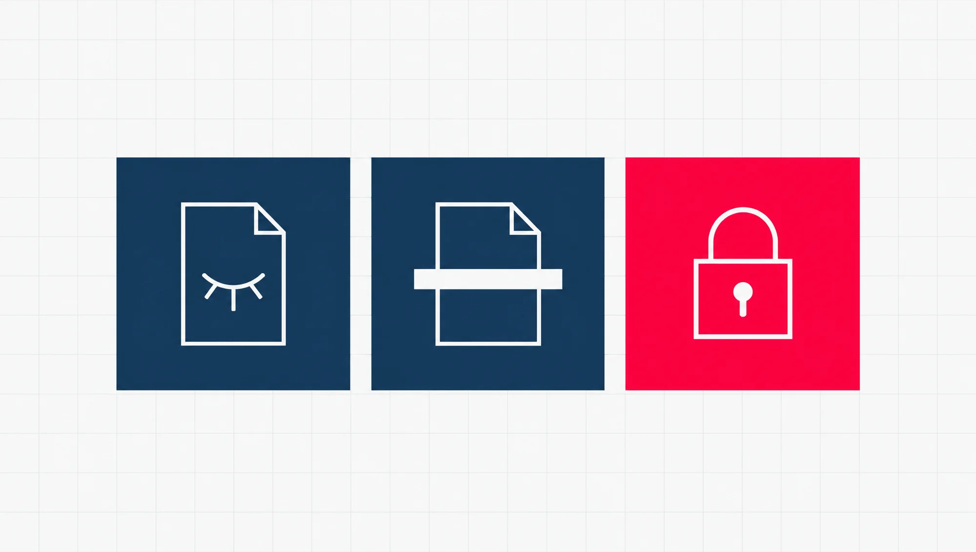 Three square blocks in a row, a page with a closed eye, a page behind a bar and a padlock, the three ways a small business can keep a page out of Google.