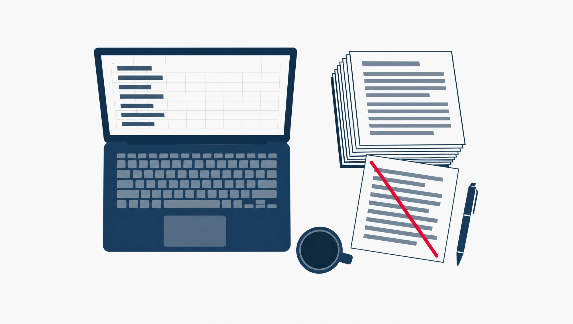 A laptop showing a spreadsheet of blog post titles beside a thick stack of printed pages, with one sheet pulled out and crossed through.