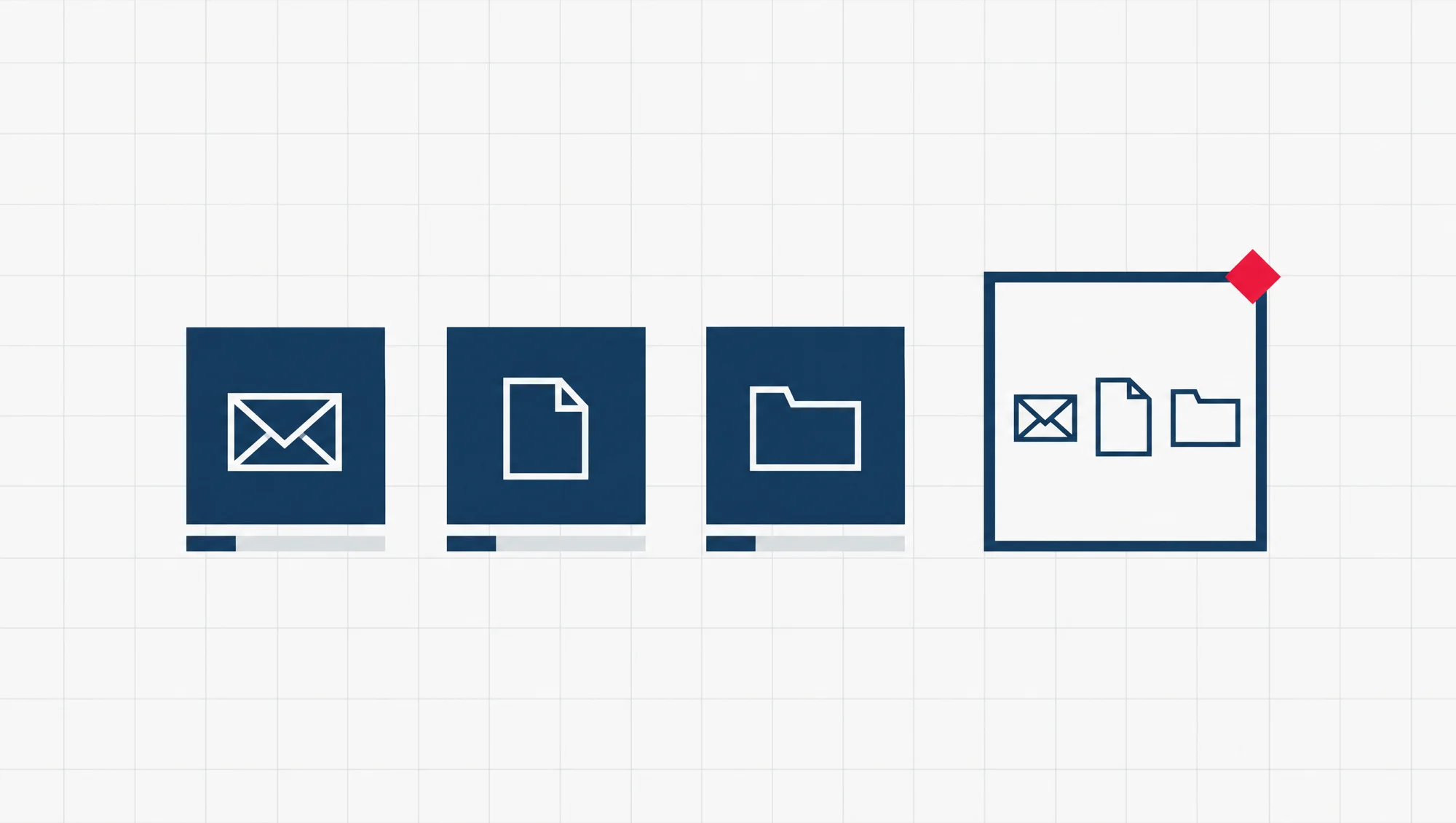 A row of flat square blocks standing for mail, files and shared folders, each with a short time bar, and one larger block kept apart from the row, holding a copy of all three.