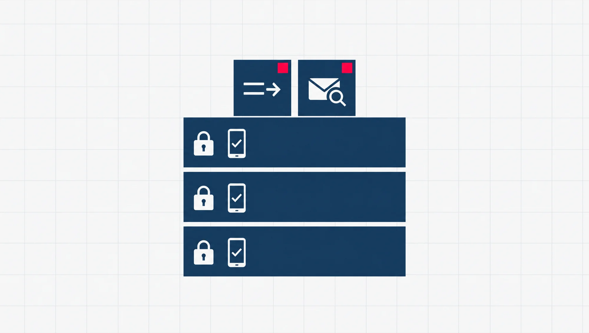 Three stacked blocks for the three Microsoft 365 Business plans, each with the same lock and phone check, and the top block carrying two extra modules for Business Premium.