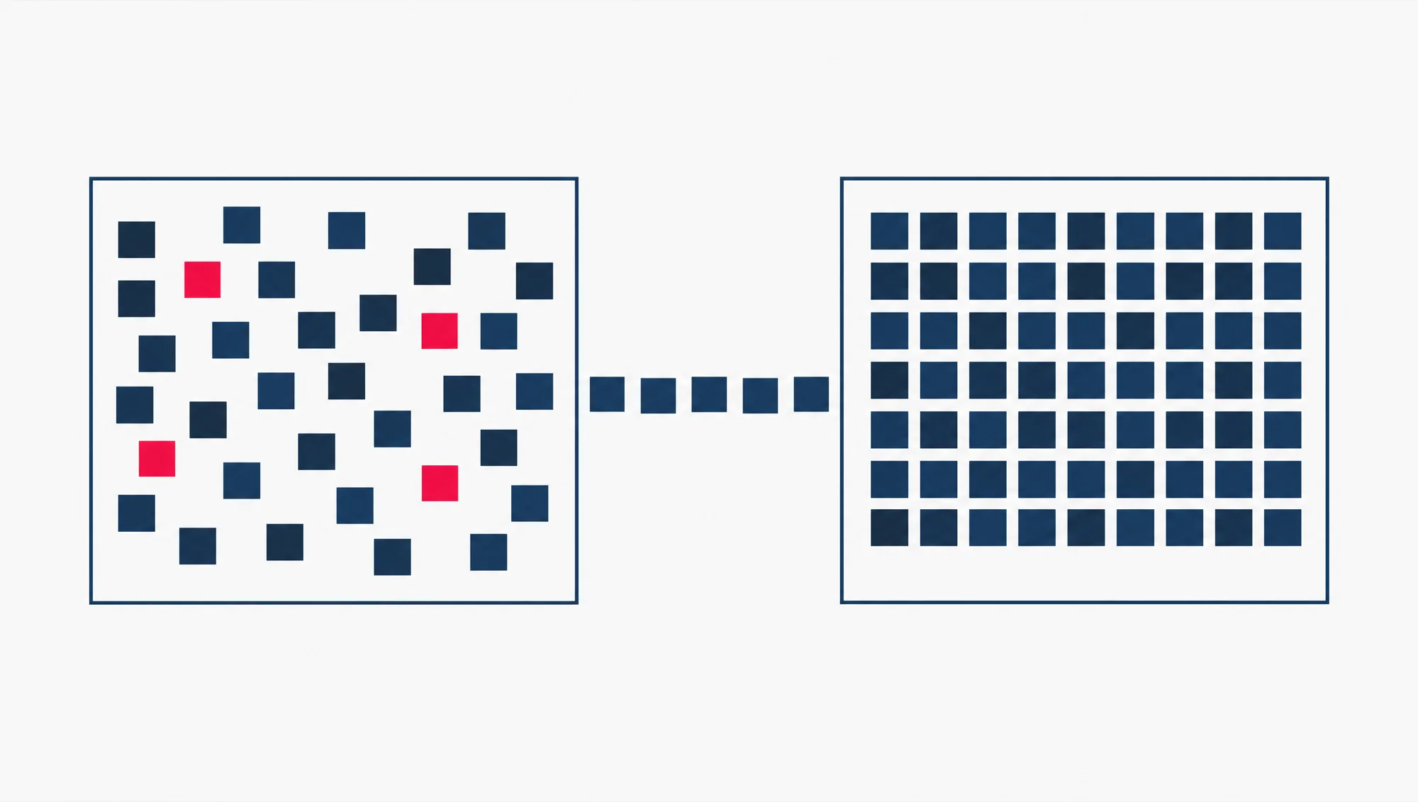 Navy square blocks crossing from one flat frame into a second frame, with a few red blocks left behind in the first, the way most Microsoft 365 data moves into Google Workspace and a few things stay.