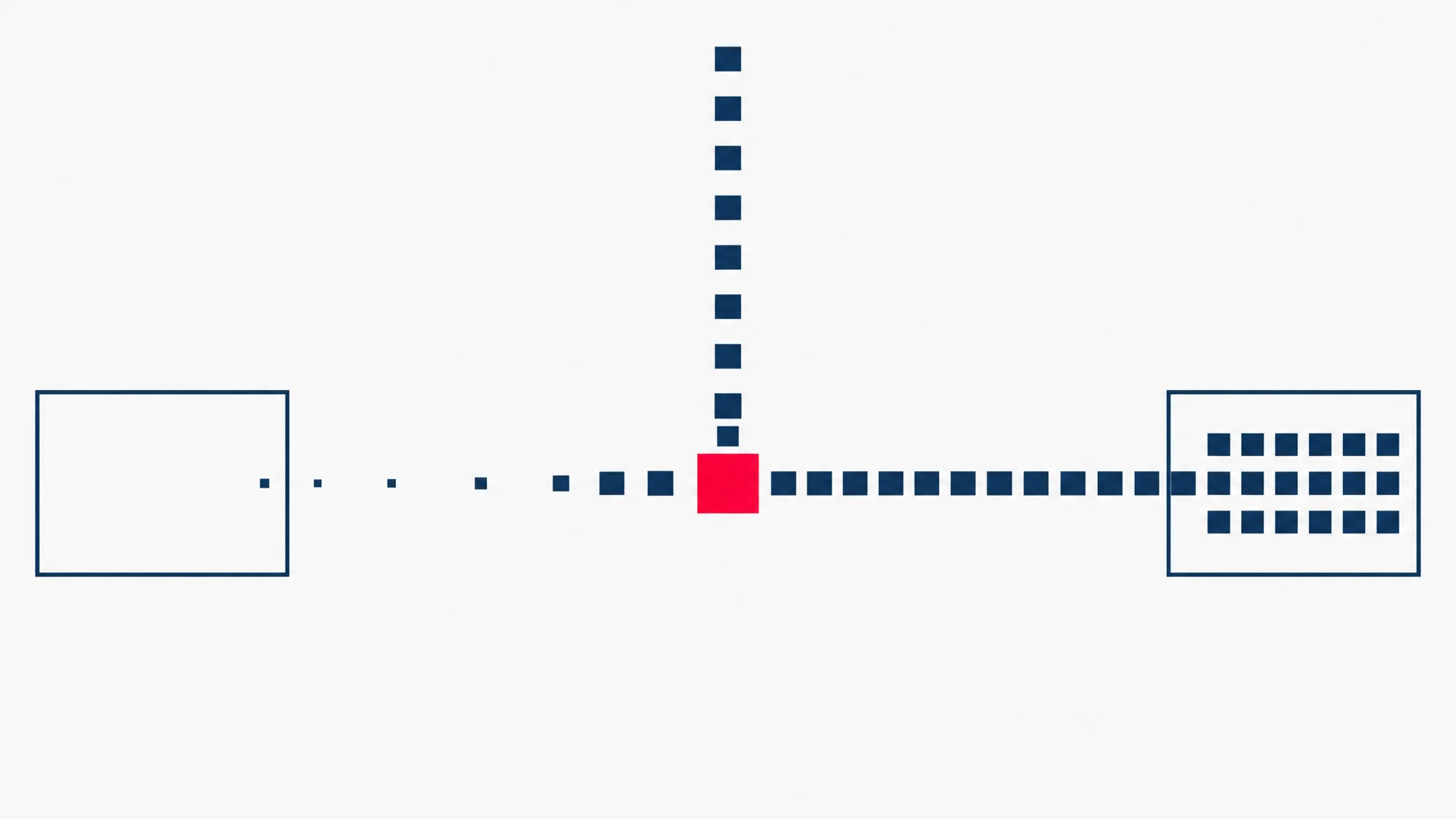 Navy squares coming down to a red switch point, where most turn right into one frame and a thinning dotted trail still runs left into the other, the way some mail keeps reaching Microsoft 365 for a while after the MX switch.