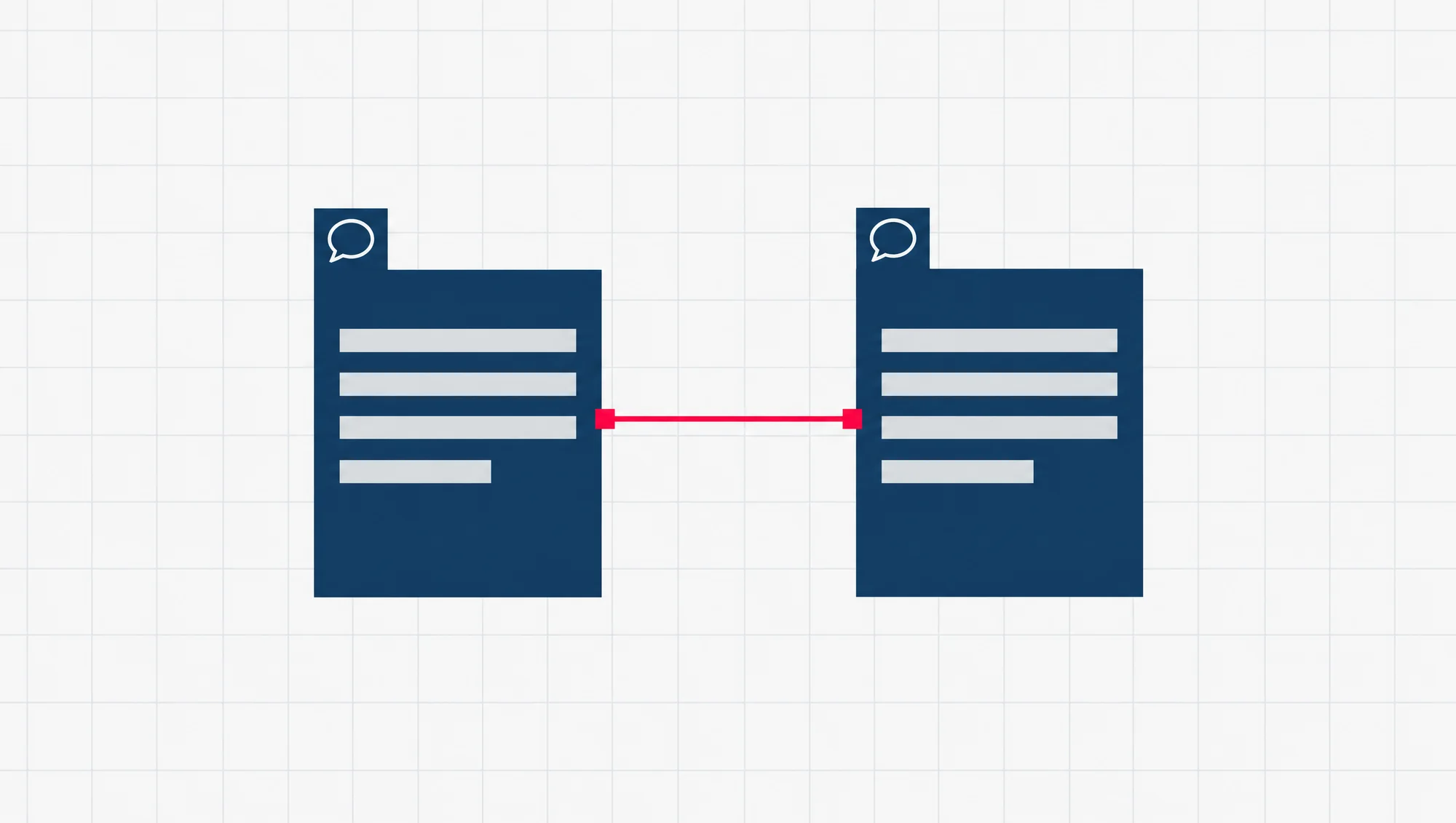 Two matching page cards side by side on a pale grid, joined by a thin red line, each with a small speech bubble on its tab, the same page in two languages linked together so Google can show each reader the right one.