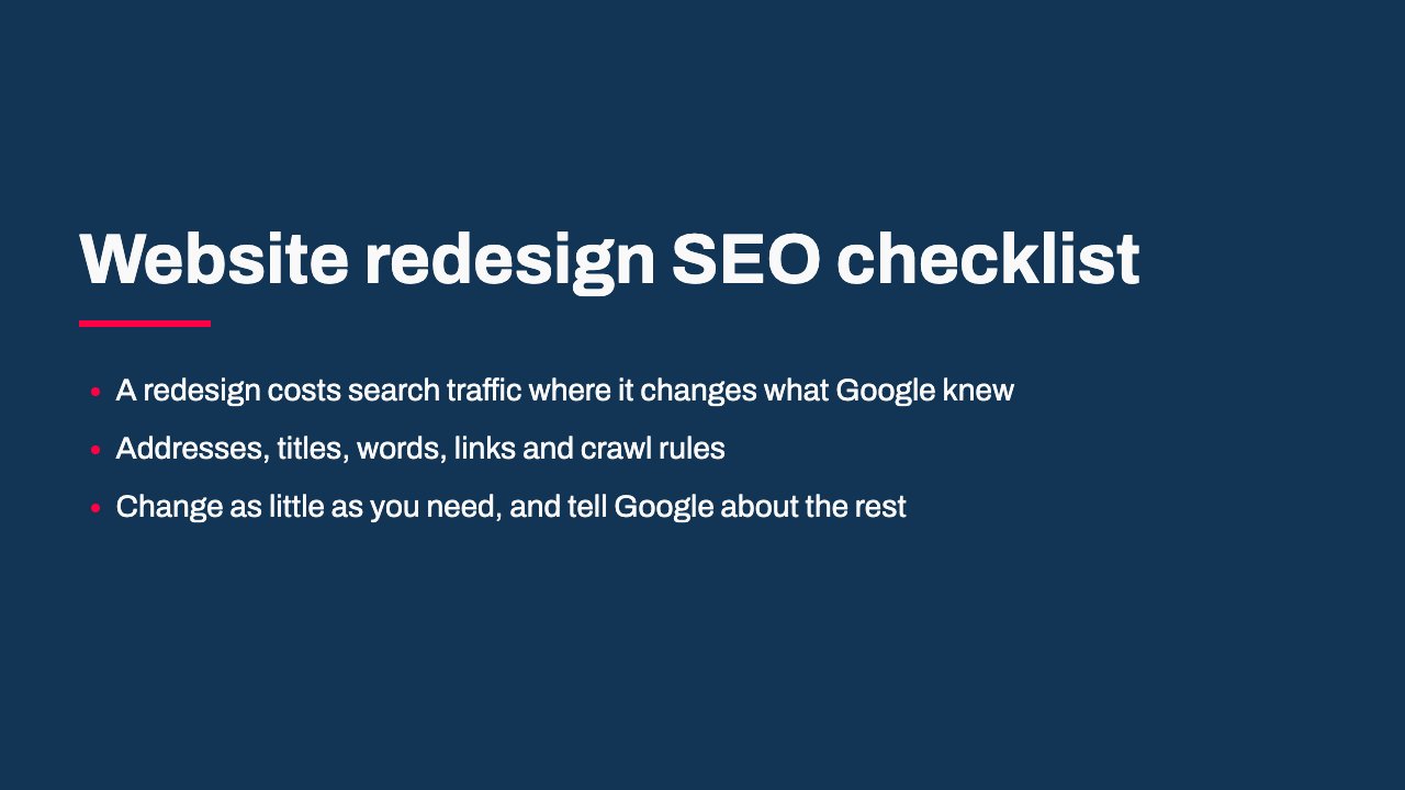 First slide: Website redesign SEO checklist