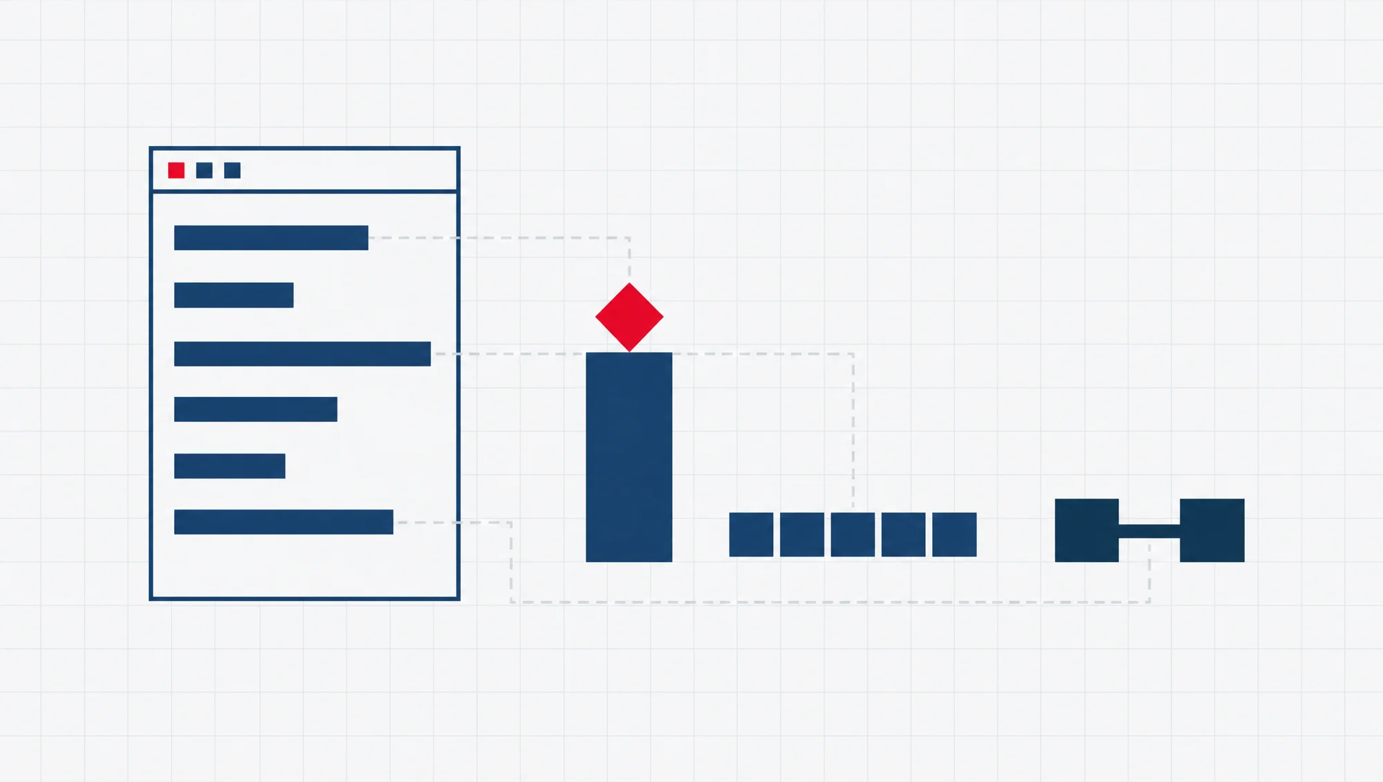 A website bill drawn in flat navy squares, its lines sliding apart into three stacks: one tall block for the build, a row of small repeating blocks for the yearly running costs, and a linked pair for the software.