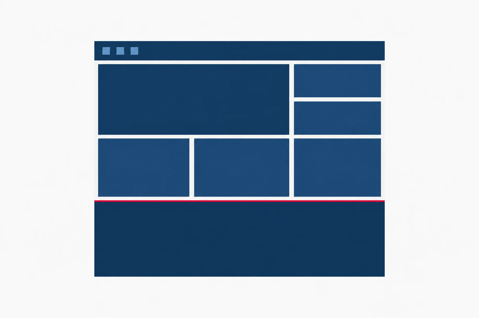 A website window built from square modules resting on a navy server slab, with one red line marking where the host's side ends and the site's side begins.